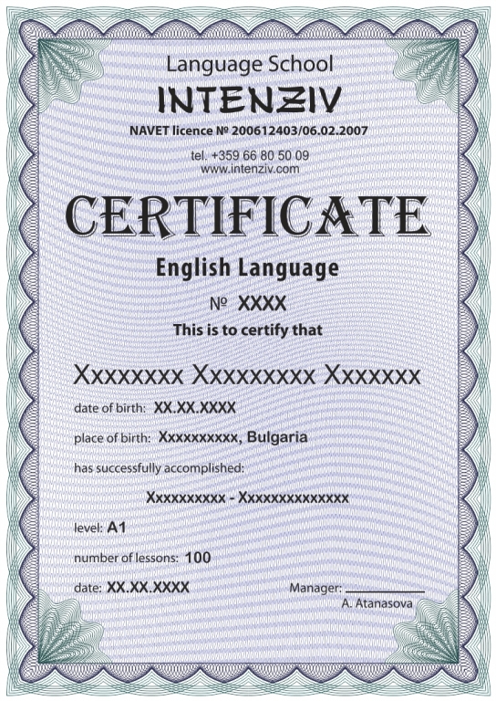 Сертификат по английски език, издаван от школа Интензив